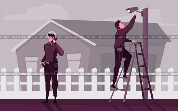 Home security flat background with guards  installing video cameras near residential building vector illustration. Стоковая иллюстрация, агентство Ingram Publishing / Фотобанк Лори