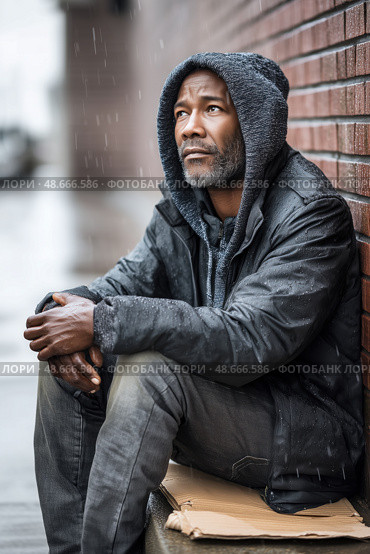 Homeless man sitting in rain suffering from depression and poverty. Стоковое AI-изображение, AI-художник Юрий Поздников / Фотобанк Лори