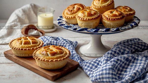 Homemade fresh pastries on the kitchen table. Fresh delicious buns in the bakery. Freshly baked pastry made from flour. Стоковое AI-изображение, AI-художник Photojuli / Фотобанк Лори