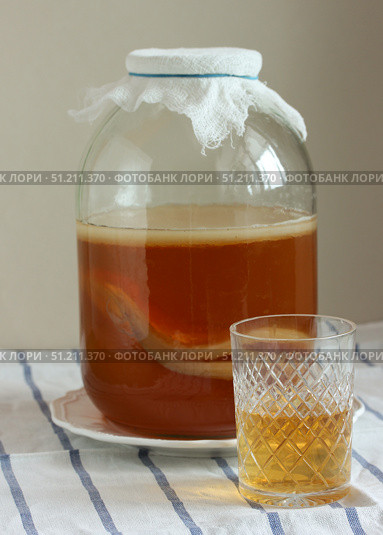 Homemade kombucha fermenting in glass jar with a glass of kombucha tea. Стоковое фото, фотограф Дмитрий Цветков / Фотобанк Лори