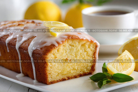 Homemade lemon drizzle cake with icing. Classic lemon pound cake with citrus glaze and zest. Whole loaf, side view, close up. Fresh homemade baked dessert with lemon slices. Blurred tea set background. Стоковое AI-изображение, AI-художник Марина Демидюк / Фотобанк Лори