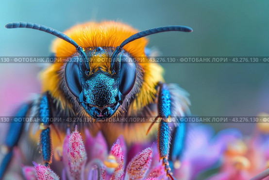 Honey Bee (Apis mellifera) pollinating apple blossoms. A bee collecting pollen and nectar from flower. Macro shot with selective focus. Стоковое AI-изображение, AI-художник Ирина Михайличенко / Фотобанк Лори