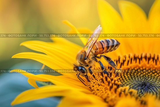 Honey bee pollinating sunflower on sunny day in close up. Стоковое AI-изображение, AI-художник Иван Рябоконь / Фотобанк Лори