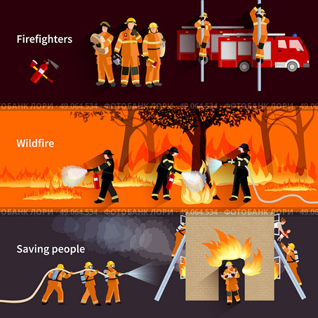 Horizontal Firefighter People Banners Set. horizontal Firefighter people banners with firefighters alerting wildfire and brigade extinguishing flames in residential house flat vector illustration  . Стоковая иллюстрация, агентство Ingram Publishing / Фотобанк Лори