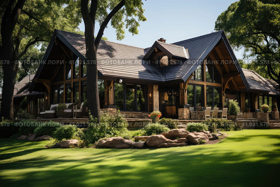 Horizontal photo of wooden house in green forest. Pros and cons of wooden house and suburban real estate concept. Стоковое AI-изображение, AI-художник Ирина Михайличенко / Фотобанк Лори