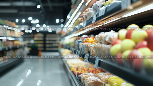 Хорошо освещенный проход в супермаркете, заполненный свежими продуктами, упакованными товарами и различными бакалейными товарами, демонстрирующий современный опыт розничного шопинга. Стоковое AI-изображение, AI-художник ФотоИнтеллект / Фотобанк Лори