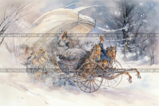 Horse-drawn carriage in the winter forest. Watercolor painting. Стоковое AI-изображение, AI-художник Анна Кривицкая / Фотобанк Лори