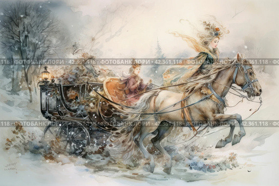 Horse-drawn carriage in the winter forest. Watercolor painting. Стоковое AI-изображение, AI-художник Анна Кривицкая / Фотобанк Лори