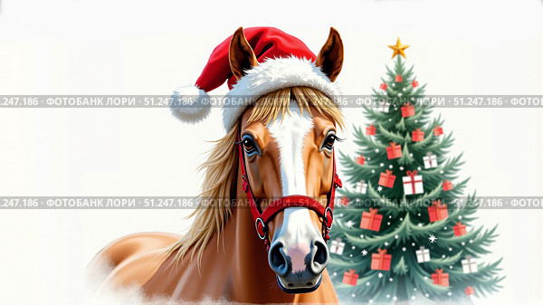 Horse in Santa Claus hat against the background of Christmas tree with gift boxes. AI generative. Стоковое AI-изображение, AI-художник Роман Дзюбало / Фотобанк Лори
