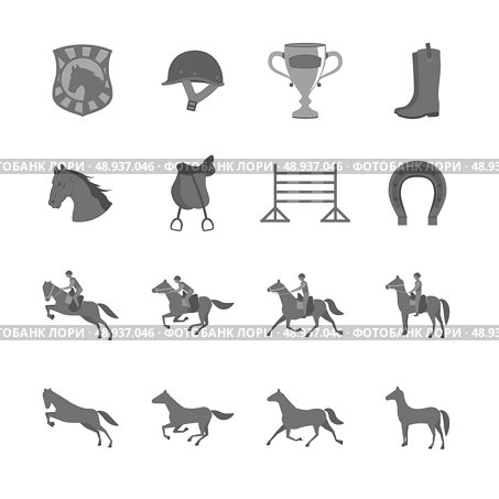 Horse with riders flat icons set of cup barrier saddle and horseshoe isolated vector illustration. Стоковая иллюстрация, агентство Ingram Publishing / Фотобанк Лори