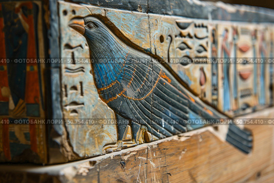 Horus falcon depicted on ancient egyptian wooden sarcophagus with hieroglyphics. Стоковое AI-изображение, AI-художник Иван Рябоконь / Фотобанк Лори