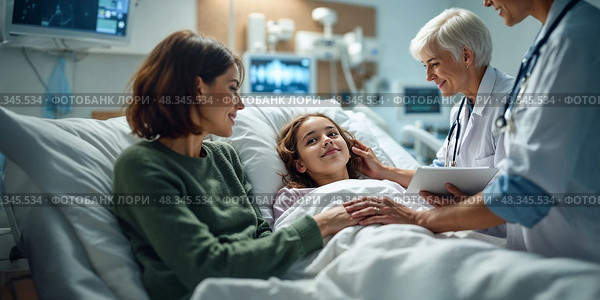 Hospital scene with a girl, her mother and two doctors. Healthcare and medicine. Стоковое AI-изображение, AI-художник Катерина Ковалева / Фотобанк Лори