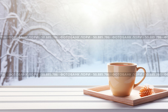 Hot beverage placed on windowsill with snowy forest view in winter. Стоковое AI-изображение, AI-художник Иван Рябоконь / Фотобанк Лори
