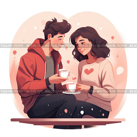Hot drinks and the concept of love. A young loving smiling couple, a man and a woman, are sitting holding cups of hot tea or coffee in their hands. Generated by AI. Стоковое AI-изображение, AI-художник Ярославский Максим / Фотобанк Лори