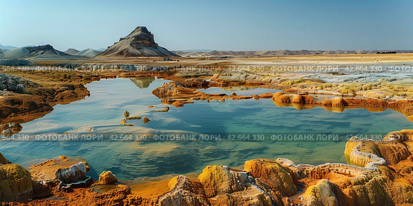 Hot mineral springs in a volcanic area in the desert. Стоковое AI-изображение, AI-художник Евгений Харитонов / Фотобанк Лори