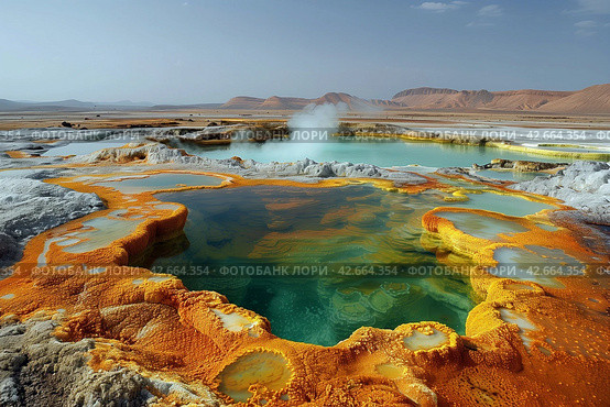 Hot mineralized springs with colorful sediments in a volcanic basin. Стоковое AI-изображение, AI-художник Евгений Харитонов / Фотобанк Лори