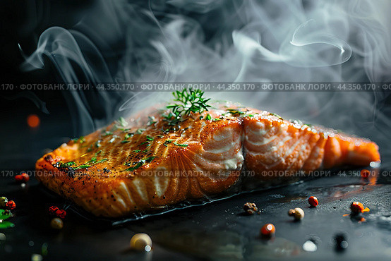 Hot smoked salmon fillet on a black board. Hot lox piece with steamed smoke. Dark background. Salmon steak served lemon, herbs cooking grill barbecue. Grilled red fish dish. Frying trout. Menu, recipe. Стоковое AI-изображение, AI-художник Марина Демидюк / Фотобанк Лори
