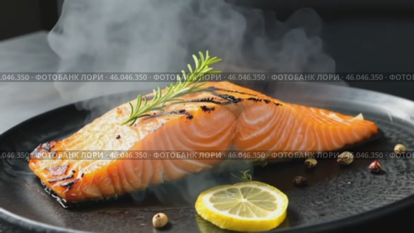 Hot smoked salmon fillet on a grill grid. Hot lox piece with steamed smoke. Black background. Salmon steak served lemon, herbs cooking grill barbecue. Grilled red fish dish. Frying trout. Menu, recipe. Стоковое AI-видео, аниматор Марина Демидюк / Фотобанк Лори