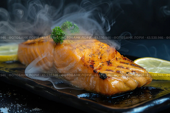Hot smoked salmon fillet on black plate. Hot lox piece with steamed smoke. Dark background. Salmon steak served lemon, herbs cooking grill barbecue. Grilled red fish dish. Frying trout. Menu, recipe. Стоковое AI-изображение, AI-художник Марина Демидюк / Фотобанк Лори