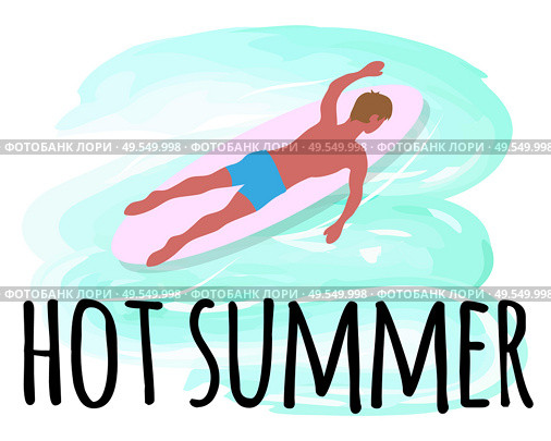 Hot summer activities, man swimming on surfboard isolated emblem or logo. Vector surfboarder relaxing in calm pool, cartoon character in trousers, back view. Hot Summer Activities, Man Swimming on Surfboard. Стоковая иллюстрация, агентство Ingram Publishing / Фотобанк Лори