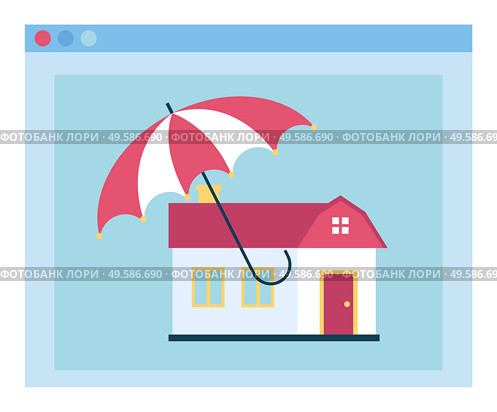 House architecture symbol under opened parasol webpage. Medical insurance element dwelling object and colorful parasol accessory isolated on blue web icon. Home construction and shelter vector. Dwelling under Opened Umbrella Insurance Vector. Стоковая иллюстрация, агентство Ingram Publishing / Фотобанк Лори