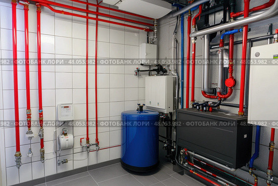 House heating system equipment. Pipelines. Basement mechanical room with condensing water heater, storage tank, plumbing systems. Plumbing service. Pipeline in boiler room. Pipes. Wall installation. Стоковое AI-изображение, AI-художник Марина Демидюк / Фотобанк Лори