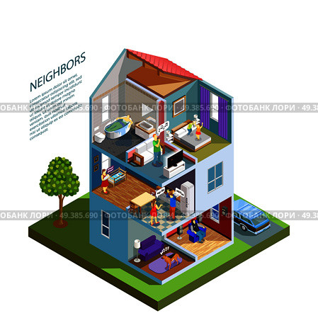 House with neighbors including spoiled kids, crying baby, barking dog, people during quarrel isometric composition vector illustration. Neighbors Isometric Composition. Стоковая иллюстрация, агентство Ingram Publishing / Фотобанк Лори