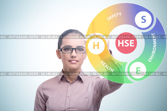 HSE concept with businesswoman pressing virtual button. Стоковое фото, фотограф Elnur / Фотобанк Лори