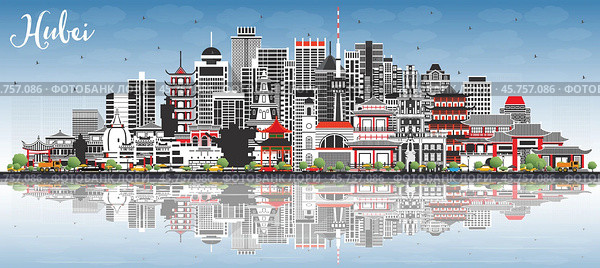 Hubei Province in China. City Skyline with Gray Buildings, Blue Sky and Reflections. Стоковая иллюстрация, иллюстратор Игорь Сорокин / Фотобанк Лори