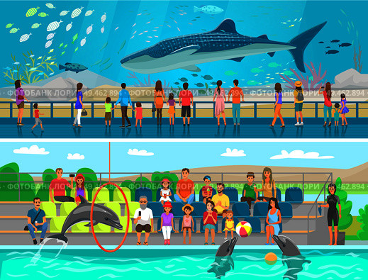 Huge oceanic aquarium and dolphinarium sketch. Whale and sea and ocean fish swimming among seaweed, dolphins performing for public vector illustration. Huge oceanic aquarium and dolphinarium sketch. Стоковая иллюстрация, агентство Ingram Publishing / Фотобанк Лори