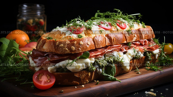 Huge tasty sandwich with ham or balyk,Generative AI. Стоковое AI-изображение, AI-художник Анна Кривицкая / Фотобанк Лори