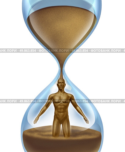 Human aging process,and age related illness as cancer alzhiemer disease and other anatomical medical problems as an hour glass time symbol with sand in the shape of a man falling down in an urgent way on a  white background. Стоковое фото, агентство Ingram Publishing / Фотобанк Лори