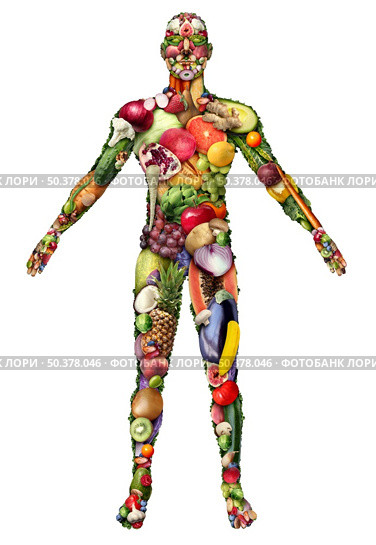 Human body made of fruit and vegetables and eating healthy or vegan and veganism or natural diet lifestyle as a group of fresh ripe fruits and nuts with beans as a symbol for eating green biological natural food. Стоковое фото, агентство Ingram Publishing / Фотобанк Лори