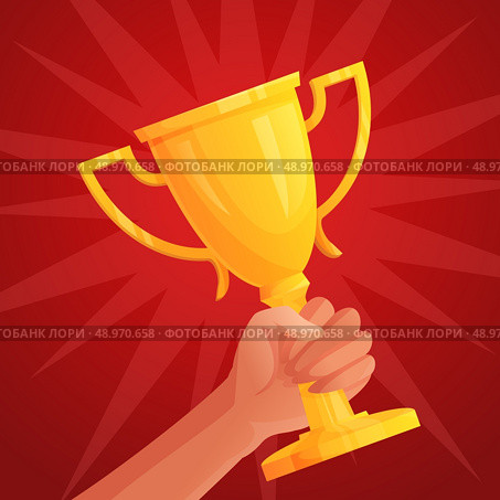 Human hand holding golden winner cup trophy competition success concept vector illustration. Стоковая иллюстрация, агентство Ingram Publishing / Фотобанк Лори