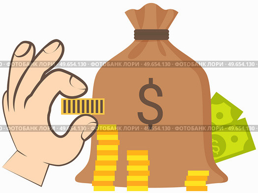 Human hand with coin near bank bag with stack of dollars. Money donation, charity, investment. Profit, income, salary increase. Hand holding gold dollar penny. Person with gold cent between fingers. Human hand with coin near bank bag with stack of dollars. Money donation, charity, investment. Стоковая иллюстрация, агентство Ingram Publishing / Фотобанк Лори