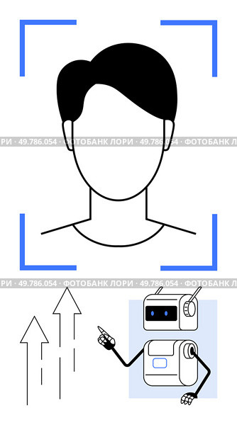Human head silhouette inside recognition frame upward arrows, robot pointing. Ideal for AI, tech, automation, innovation, growth, progress, digital transformation. Line metaphor. AI Facial Recognition with Robot Assistant, Growth Arrows, and Blue Accents. Стоковая иллюстрация, агентство Ingram Publishing / Фотобанк Лори