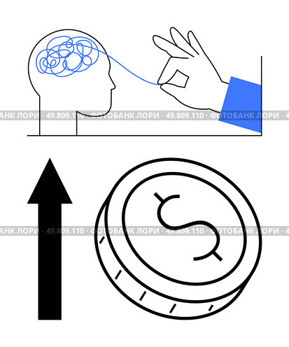 Human head with tangled thoughts being untangled by a hand, dollar coin, upward arrow. Ideal for mental health, financial planning, brainstorming, clarity, decision-making, personal growth business. Process of untangling a cluttered mind for financial growth and better decision-making. Стоковая иллюстрация, агентство Ingram Publishing / Фотобанк Лори