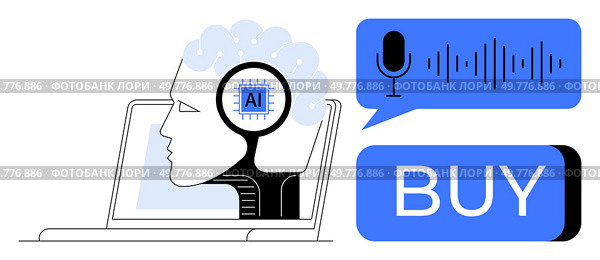 Human profile with AI chip in head, using voice command to initiate purchase. Ideal for e-commerce, smart devices, artificial intelligence, voice technology, innovation, consumer tech, digital. AI-Powered Voice Command System Enabling On-Device Purchases with Integrated Technology. Стоковая иллюстрация, агентство Ingram Publishing / Фотобанк Лори