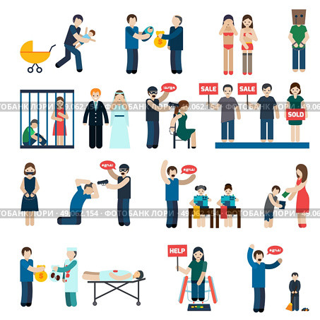 Human Trafficking Flat Icons Set. Human trafficking flat pictograms collection with victims organs extraction and child forced labor abstract isolated vector illustration. Стоковая иллюстрация, агентство Ingram Publishing / Фотобанк Лори
