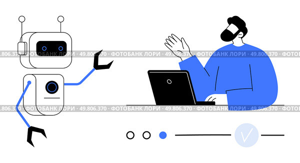 Human waves at AI robot while working on laptop. Interaction highlights man-machine collaboration. Ideal for tech innovation, AI, remote work, digital communication, automation, futuristic concepts. Human interacting with AI robot through laptop, representing advanced technology and collaboration. Стоковая иллюстрация, агентство Ingram Publishing / Фотобанк Лори