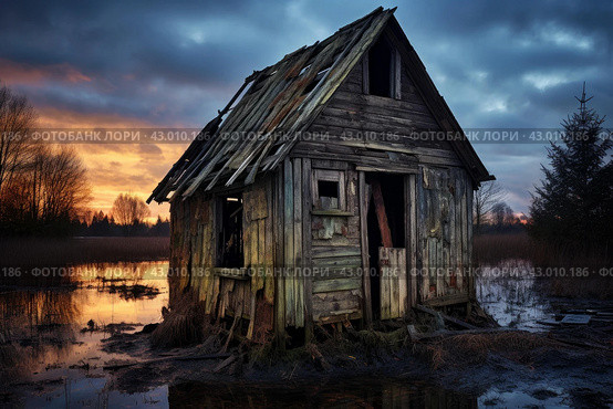 Humble Shack wooden old pallets. Generate Ai. Стоковое AI-изображение, AI-художник Иван Рябоконь / Фотобанк Лори