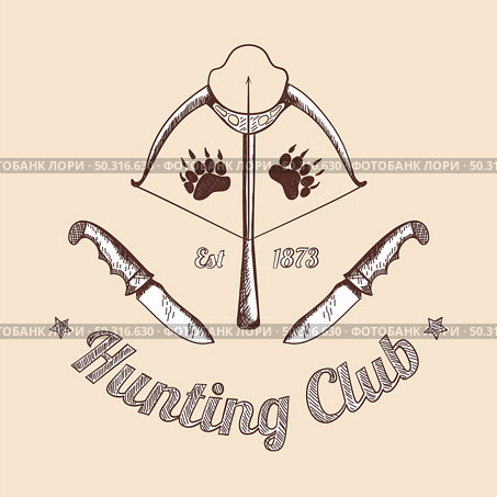 Hunting retro sketch design. Stretched bowstring of a crossbow with an arrow and hunting knives on both sides. Completed hunting vintage design. Vector Illustration. Стоковая иллюстрация, агентство Ingram Publishing / Фотобанк Лори