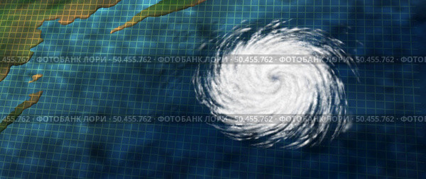 Hurricane Tropical Cyclone or typhoon graphic with as a dangerous natural disaster weather system off an ocean coast  as a rotating storm system in a 3D illustration style. Стоковое фото, агентство Ingram Publishing / Фотобанк Лори