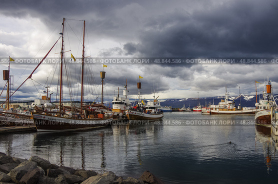 Хусавик (Husavik ) - город на северном побережье Исландии, на берегу залива Скьялфанди ( Skjalfandi ). Город является центром наблюдения за китами в Исландии (2014 год). Редакционное фото, фотограф Дымов Игорь / Фотобанк Лори