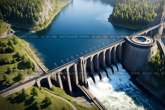 hydroelectric power station in Foz do Iguazu Brazil, border Paraguay. Panoramic aerial view of giant dam on Parana river, South America. Hydro electrification concept. Copy ad space. Стоковое AI-изображение, AI-художник Aleksandr Golubev / Фотобанк Лори