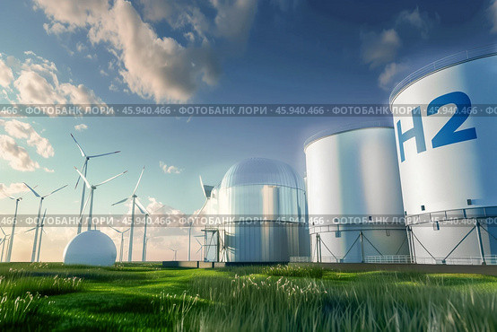 Hydrogen storage tanks marked with H2 and wind turbines stand in a green, eco-friendly landscape, under a bright sky. Стоковое AI-изображение, AI-художник Михаил Строгалев / Фотобанк Лори