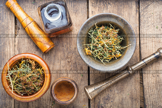 Hypericum perforatum.Healing herbs on wooden table.Medicinal plant. Dry yellow flowers Hypericum. Стоковое фото, агентство Ingram Publishing / Фотобанк Лори