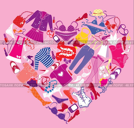 I Love Shopping image, the heart is made of different female fashion accessories and glamor clothes. Стоковая иллюстрация, агентство Ingram Publishing / Фотобанк Лори