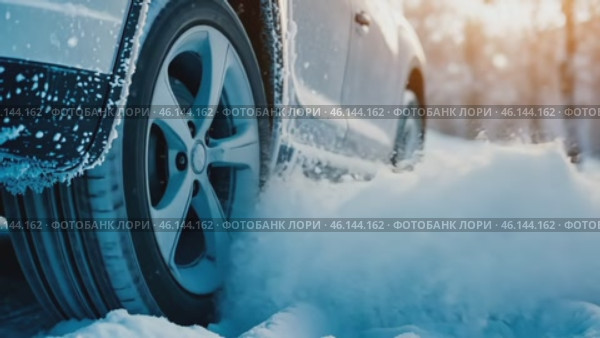 Icy car. Ice-covered vehicle. Frozen Auto Covering by Snow. Vehicle during Snowstorm. Hazardous Winter Road Driving. Cold Season. Corrosion, Rust. Close-up of tires. Trail of tread marks in thick snow. Стоковое AI-видео, аниматор Марина Демидюк / Фотобанк Лори
