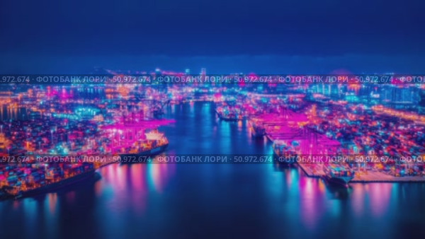 Illuminated harbor at night featuring cargo ship activity and vibrant city lights, showcasing a busy port terminal beneath a deep blue sky. Стоковое AI-видео, аниматор Данила Большаков / Фотобанк Лори